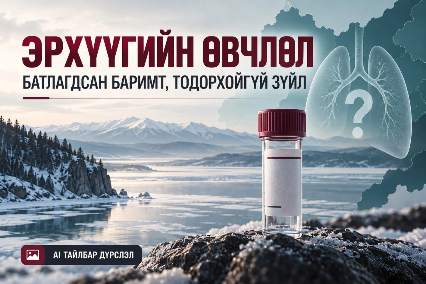 Сорьцын сав, уушгины хийсвэр дүрс бүхий AI тайлбар зураг; онош, үүсгэгчийн баримт биш.