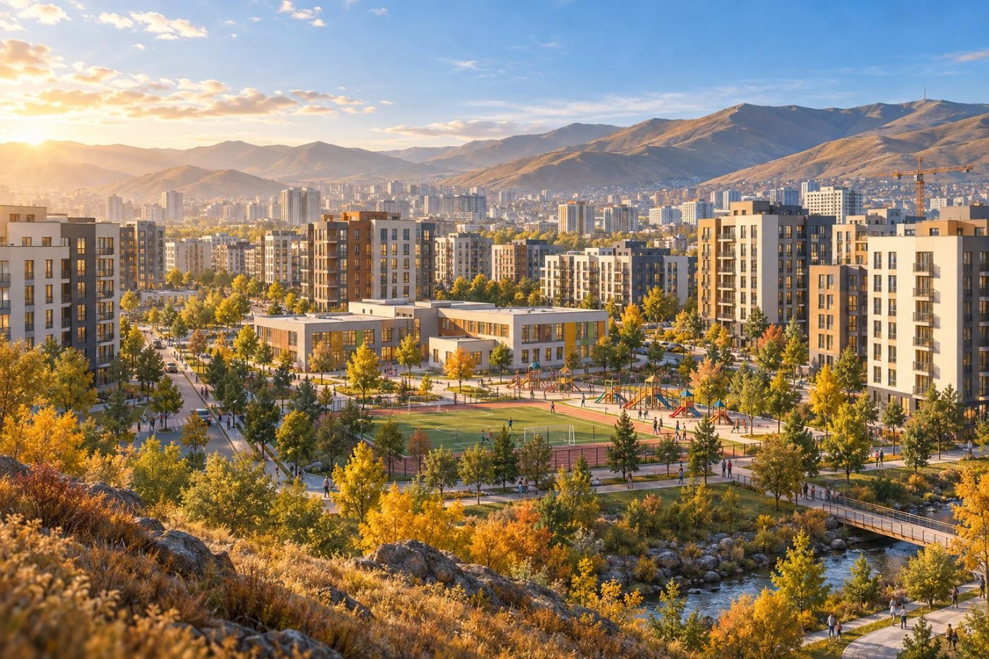 Сургууль, тоглоомын талбай, орон сууцтай хотхоны AI концепц дүрслэл