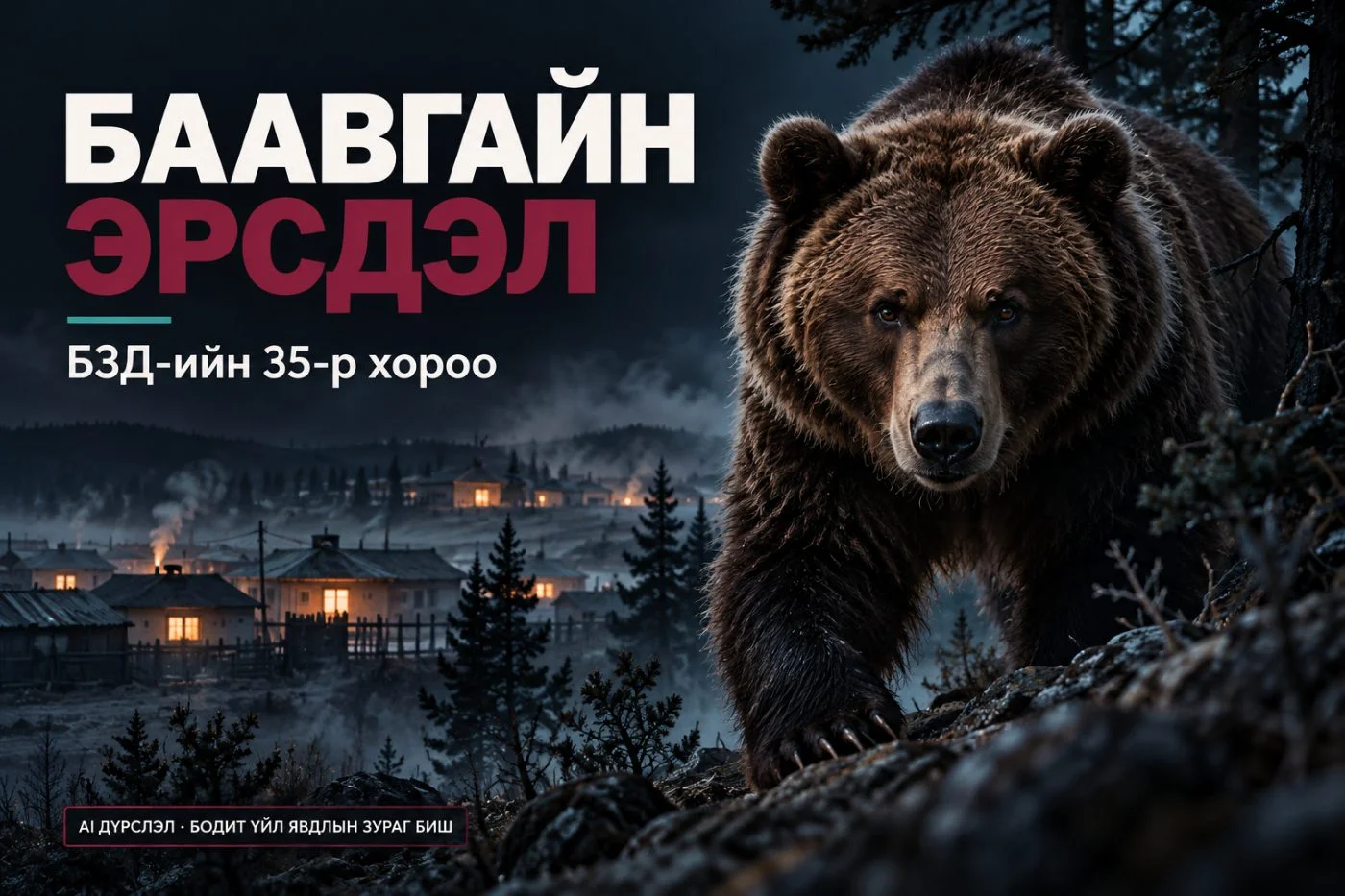 Шөнийн ойролцоох орчин дахь хүрэн баавгайн AI сэрэмжлүүлгийн дүрслэл; хохирогч дүрслээгүй.